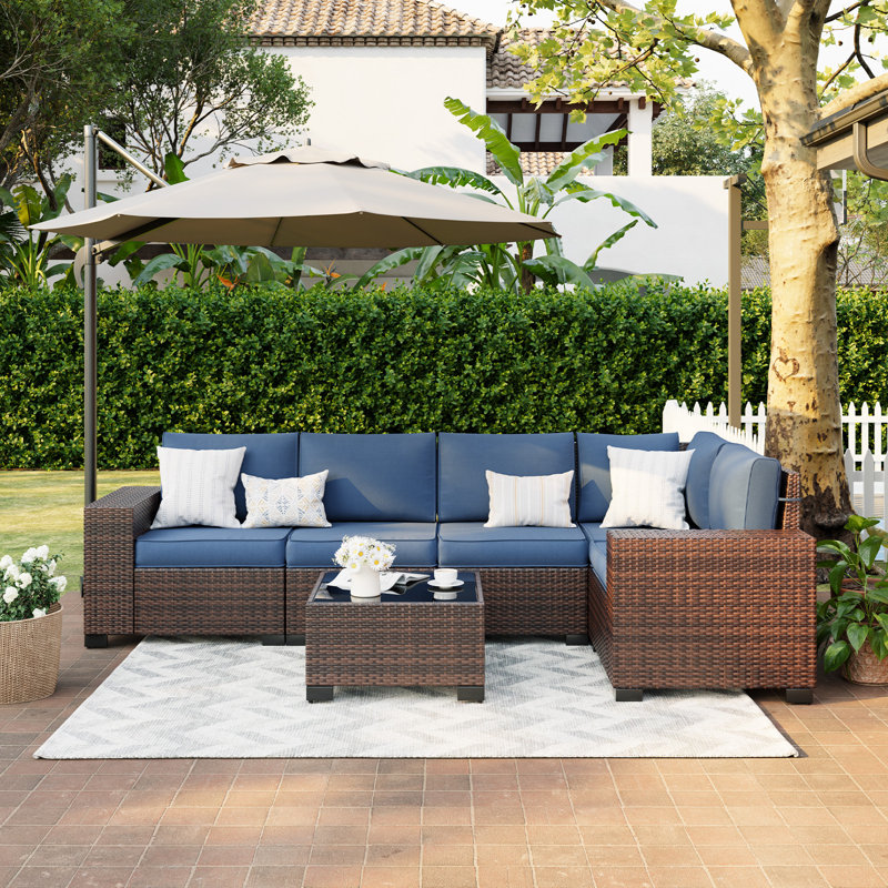 Earling 5 Person Modular Wide Armrest Outdoor Rattan Sectional Seating Group Navy Brown